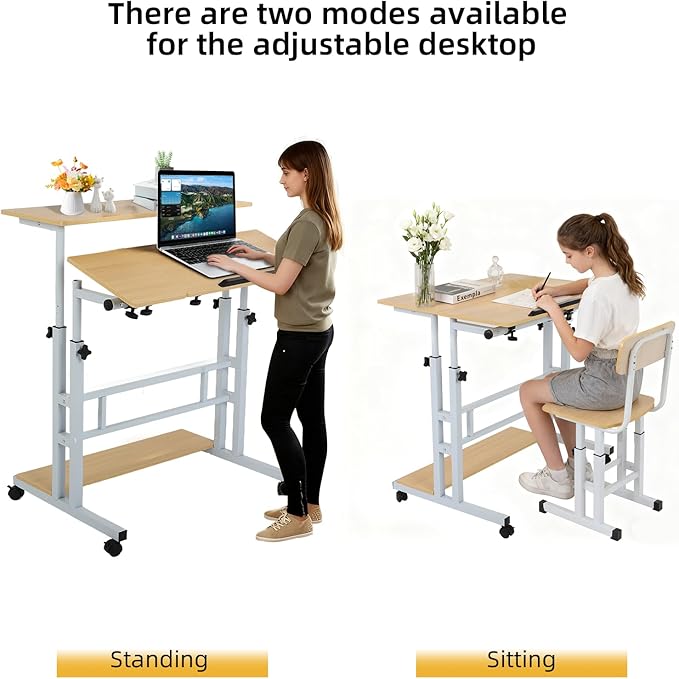 FAHKNS Small Standing Desk Portable Stand Up Desk with Wheels Adjustable Height Computer Desk for Home Reading Desk and Office Work
