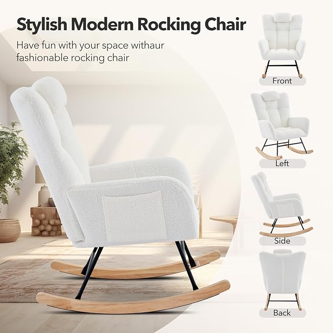 Nursery Rocking Chair Upholstered Padded Seat Rocking Chair with High BackrestModern Accent Recliner for Living Room Bedroom Cozy Reading