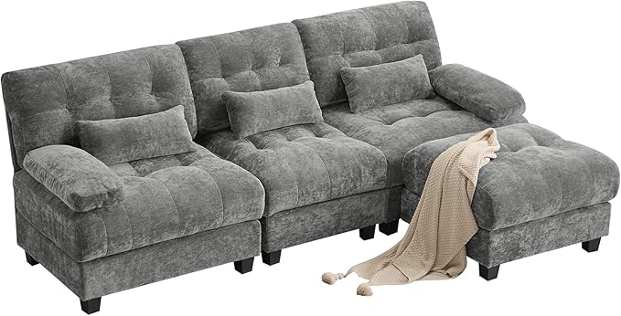 93 3+1 Seater Sofa with Ottoman - 4-Position Adjustable Backrest 350lb/Seat Soft Chenille Fabric 3 Throw Pillows Easy Assembly (Gray)
