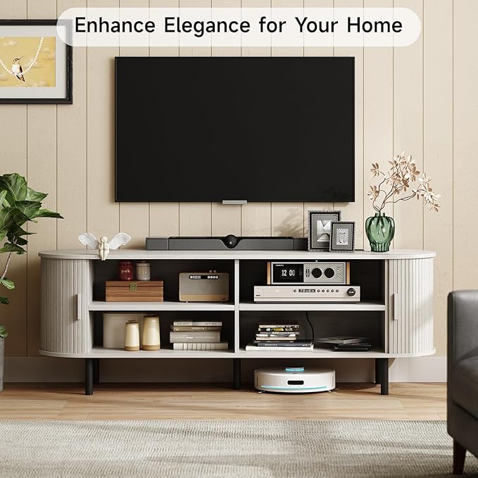 ONBRILL 63 TV Stand with Power Outlet for TVs up to 70 Inch Entertainment Center with Storage and Adjustable Shelves Modern Media Console with Sliding Doors for Living Room Natural White