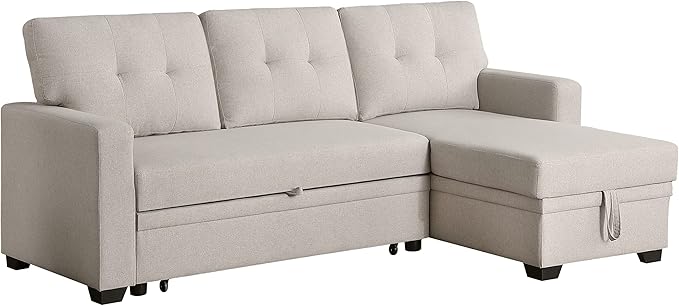 ACQCA 82 L-Shape Sleeper Sectional Sofa with Storage Chaise and Pull-Out BedConvertible Sofa Bed Sectional Couch for Living RoomApartmentOfficeBeige