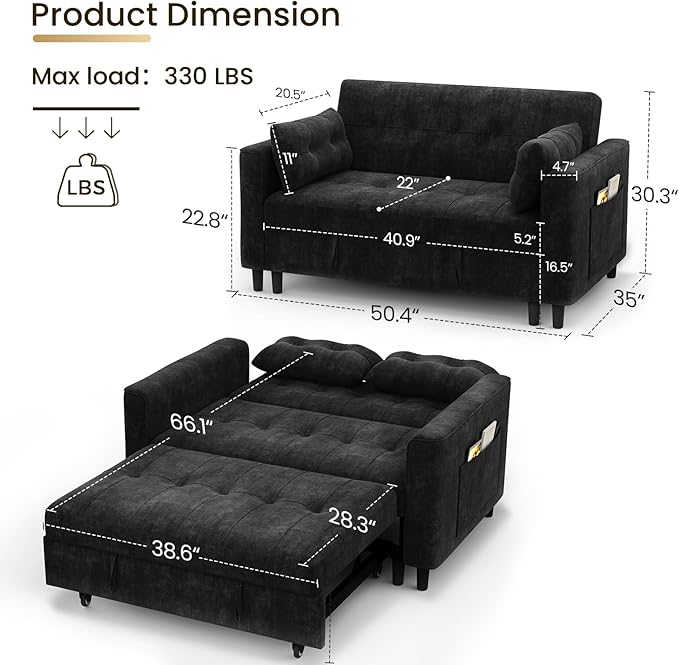 KKL 3 in 1 Convertible Sleeper Sofa Bed Pull Out Couch Bed with Adjustable Backrest Chenille Little Loveseat Couches with Side Pocket Small Futon Sofa Beds Couch for Living Room Bedroom (Black)