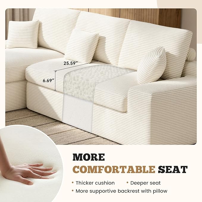 112 Modular Sectional Sofa for Living Room Convertible L-Shape Couch with OttomanCloud Boneless Couch with Layered CushionBeige Corduroy