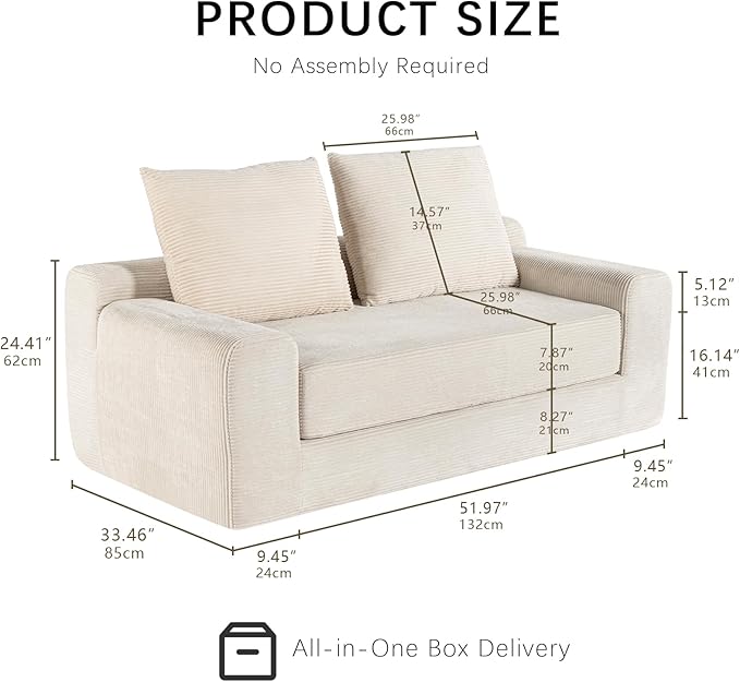 Convertible Sofa Bed 3 in 1 Loveseat Folding Couch Bed Foldable - Boneless Couch &amp Floor Futon Sleeper Corduroy Pull Out Sofa Bed with 2 Pillows for Living Room