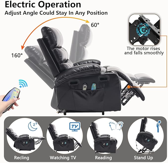 Faux Leather Electric Recliner Lift Chair with Massage and Heat for Elderly Adult Power Lift Recliners Chairs with Cupholders Side Pockets for Living Room Bedroom Lounge