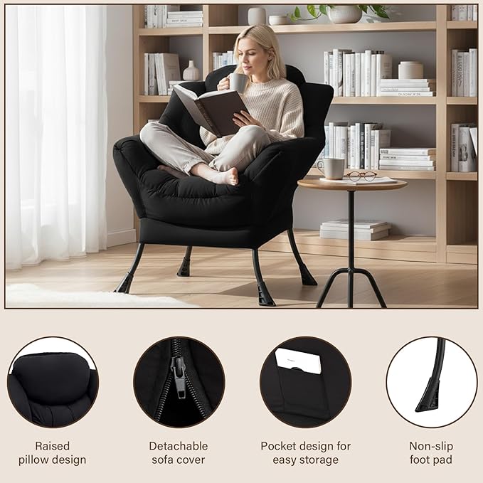 Welnow Lazy Chair for Living Room Modern Reading Accent Chair with Armrests and a Side Pocket Leisure Upholstered Lazy Sofa for Small Space Bedroom Dorm Black