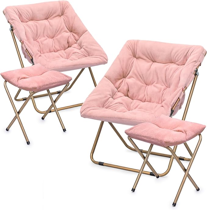 MoNiBloom Square Folding Faux Fur Saucer Chair for Bedroom Living Room Dorm Foldable Metal Frame Oversized Large Comfy Furry Padded Soft Cozy Moon Chair with Footrest Ottoman for Adults (Pink 2 Set)
