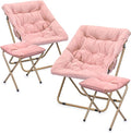 MoNiBloom Square Folding Faux Fur Saucer Chair for Bedroom Living Room Dorm Foldable Metal Frame Oversized Large Comfy Furry Padded Soft Cozy Moon Chair with Footrest Ottoman for Adults (Pink 2 Set)