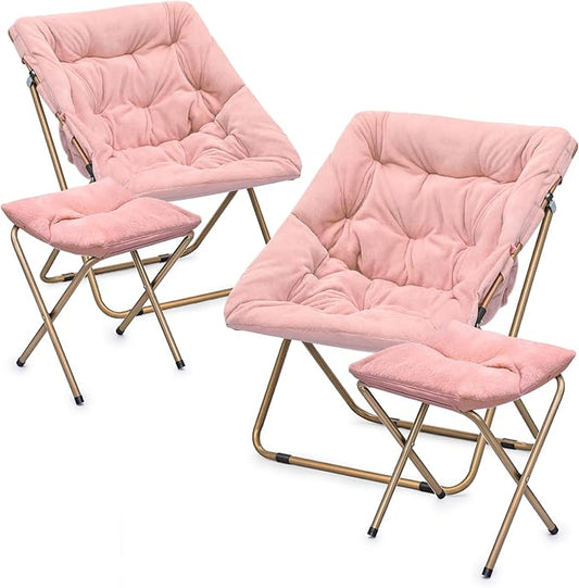 MoNiBloom Square Folding Faux Fur Saucer Chair for Bedroom Living Room Dorm Foldable Metal Frame Oversized Large Comfy Furry Padded Soft Cozy Moon Chair with Footrest Ottoman for Adults (Pink 2 Set)