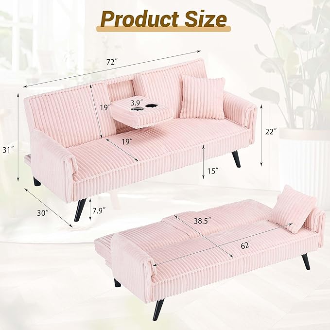 72 Modern Corduroy Sofa Bed FutonConvertible Sleeper Couch Bed with Cup Holder4 Reclining PositionsFolding Sofa Cloud Loveseat for Small Living Room Apartment Office (Pink-New)