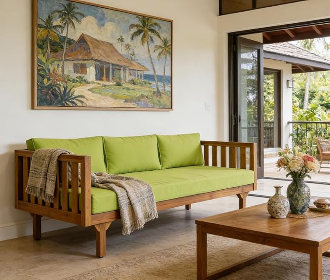 Merax Solid Acacia Wood Couch Chaise Lounge Chair Indoor 3 Seater Daybed Sofa Couches with Cushions &amp Pillow Heavy Frame Day Bed for Living Room Office Outdoor Balcony Patio Water Resistant