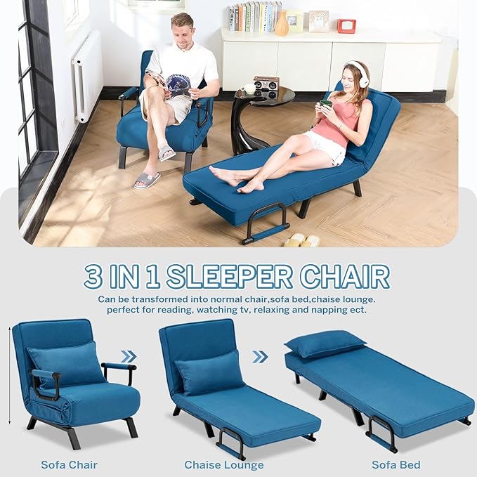 Folding Sofa Bed Sleeper Chair3-in-1 Single Convertible Sofa with Adjustable BackrestLazy Bed Leisure Recliner with PillowTri-fold Upholstered Armchair (Blue Standard)