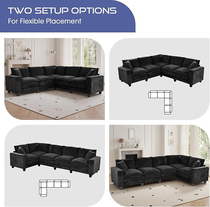 97 5 Seater L Shaped Couch Corner Sofa Oversized Cloud Couch with 2 Pillows Chenille Modular Sectional Sofa Armrests with Two Hidden Storage Space Sectional Couches for Living Room Black