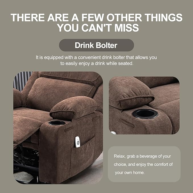 Rocker Recliner Chair with Massage and Heated 360°Swivel Rocking Manual Recliner Chairs with Cup Holders Remote Control for Living Room (Brown)