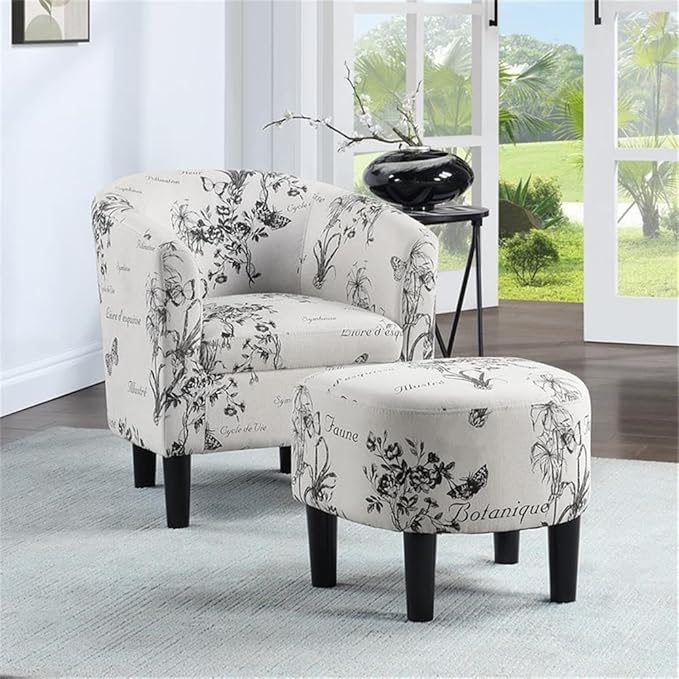 Pemberly Row Accent Chair with Ottoman White Polyester Fabric with Black Botanical Print High-Density Foam Cushions Solid Rubberwood Legs Barrel Design for Living Room or Small Space Use