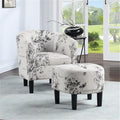 Pemberly Row Accent Chair with Ottoman White Polyester Fabric with Black Botanical Print High-Density Foam Cushions Solid Rubberwood Legs Barrel Design for Living Room or Small Space Use