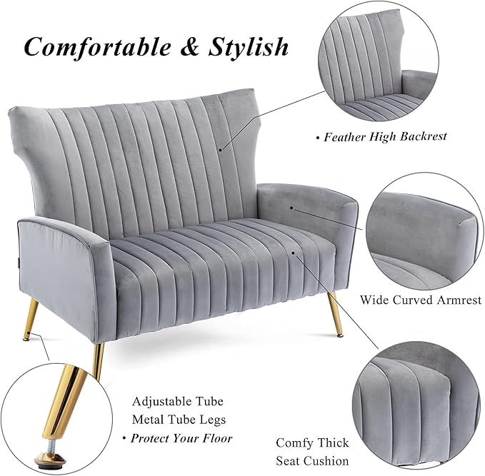 Artechworks Tufted Contemporary Velvet Wingback HighBack Loveseat Sofa Chair Upholstered Couch with Gold Metal Legs Two-Seat Sofa for Living Room Bedroom Apartment Small Space Dorm Grey
