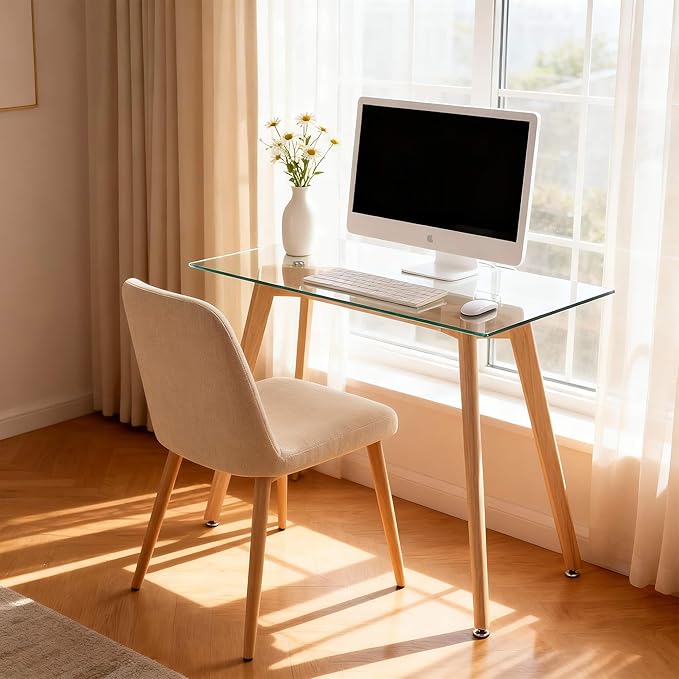 ivinta Glass Office Desk 43 Rectangular Computer Desk with Solid Wood Legs Modern Dining Table for Living Room Office Kitchen TAM-WT