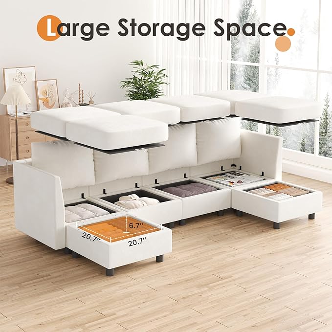 YOUDENOVA 106'' Modular Sectional Sofa 6 Seats Couch Set with Storage U Shaped Sofa with USB Charging Port Modern Comfy Chenille Couch for Living Room Beige
