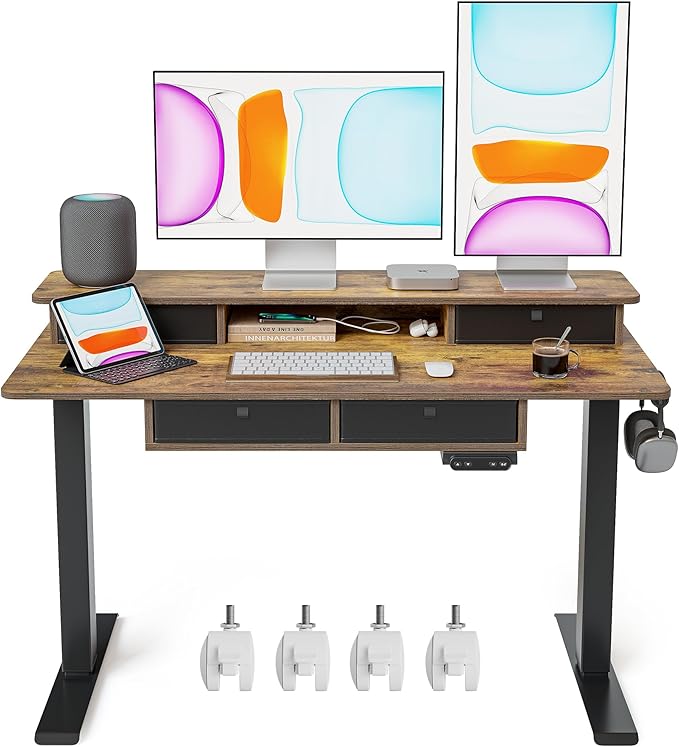 BANTI Height Adjustable Electric Standing Desk with 4 Drawers 48 x 24 Inch Table with Storage Shelf Sit Stand Desk Rustic Brown Top