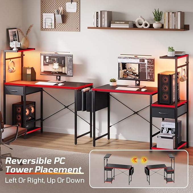 Bestier Gaming Desk with Drawer 44 Inch Small Computer Desk with PC Shelf Gaming Table with LED Lights for Small Spaces Reversible Gamer Desk with Storage Bag &amp Side Hook Black-RED