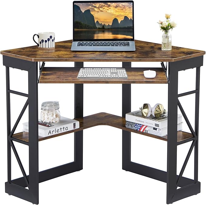 VECELO Corner Computer Desk 41 x 30 inches with Smooth Keyboard &amp Storage Shelves for Home Office Workstation Antique Brown
