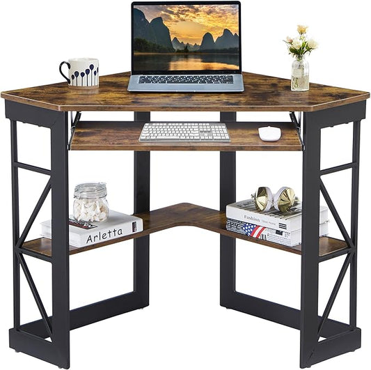VECELO Corner Computer Desk 41 x 30 inches with Smooth Keyboard &amp Storage Shelves for Home Office Workstation Antique Brown