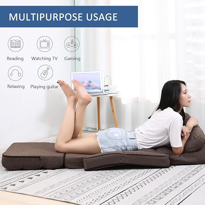 FLOGUOR 42-Position Adjustable Floor Chair Chaise Lounge Indoor Folding Lazy Sofa with Armrests and a Pillow Padded Adults Gaming Chairs for Living Room Bedroom Factory Price 8803XM (Brown)