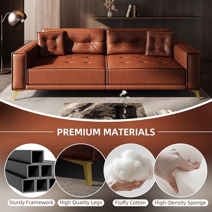 92.1King Size Pull Out Sofa Bed 3-in-1 Faux Leather Convertible Sleeper Sofa with Ultra Wide Armrests Tufted Modern Sofa with 2 Pillows for Bedroom Living Room (Orange Brown 92.1inch)