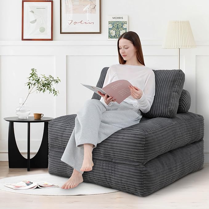 Folding Sofa Bed Convertible Sleeper Chair with Pillow &amp Handle Foldable Mattress Futon Chair Bed Lounge with Back Support Comfy Floor Sofa for Living Room Bedroom Grey Single