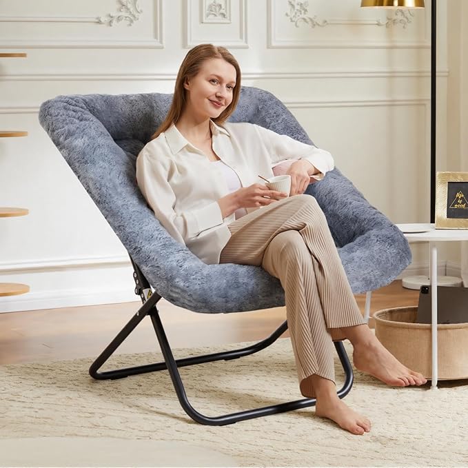 DUMOS Comfy Chair for Adults Soft Faux Fur Folding Lounge for Bedroom Living Room Dorm Rooms Flexible Reading Chair for Teens Large Size Foldable (Square-Gray)
