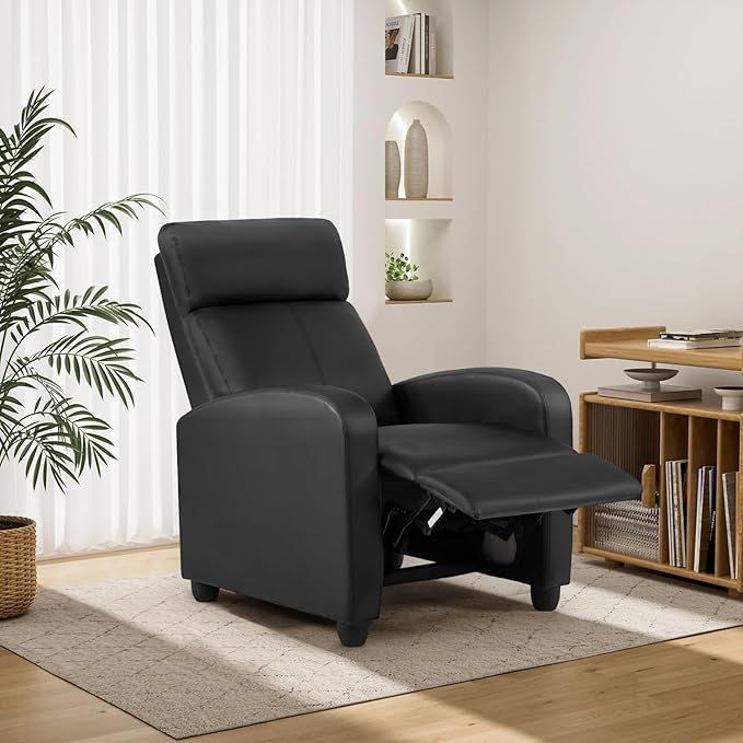 BestMassage | Recliner Chair | No Massage Function | Leather Black | with Lumbar Support Adjustable Push Back Wide Armrests Footrest &amp Padded Seat | Easy Assembly | for Living Room Home Theatr