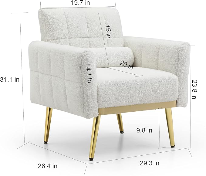 Accent Chair Soft White Teddy Fabric Comfy Upholstered Arm Chair Fluffy Leisure Chair Armchair Living Room Chairs for Bedroom/Living Room Sofa Chair with 1 Waist Pillow