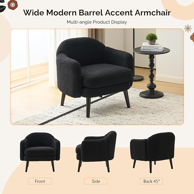 VINGLI 30.3 Wide Modern Barrel Accent Armchairs Set of 2 with Track Armrest Solid Wooden Legs Comfy Upholstered Club Chairs Single Home Sofa for Living Room Bedroom ReadingTeddy Fleece Black