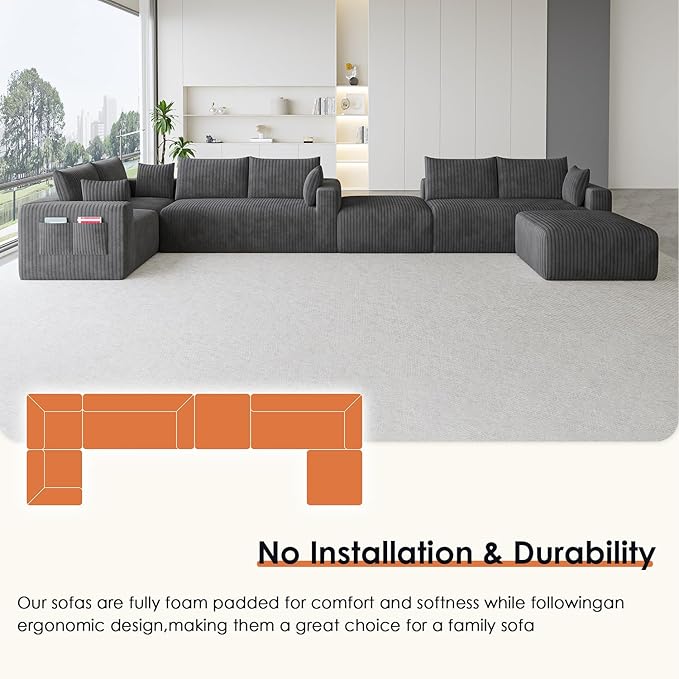 146 Oversized Boneless Couch Modular Sectional Couches for Living Room U-Shaped Deep Seat Chaise with Side Pockets No Assembly Required Plush Corduroy Fabric Sleeper Sofa Dark Gray