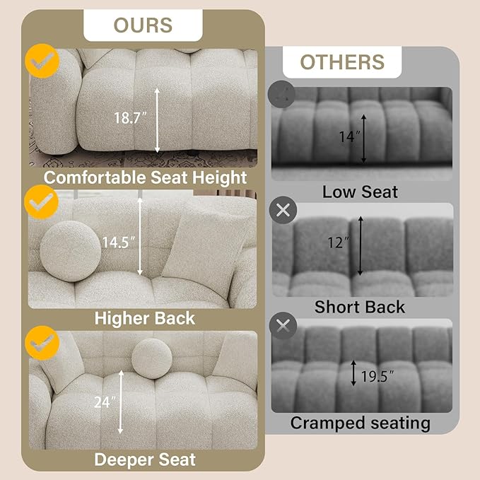 87.3 Modern Sofa Couch Comfy Deep Seat Chenille Cloud Sofa Upholstered 3-Seater Couch Oversized Loveseat for Living Room Bedroom Office Apartment Beige White