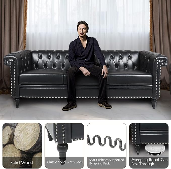 Chesterfield Sofa Black Faux Leather Couches for Living Room Deep Seat Comfy 3-Seater Oversized Couch Button Nailhead Tufted Classic Couches for Bedroom Office Easy to Assemble