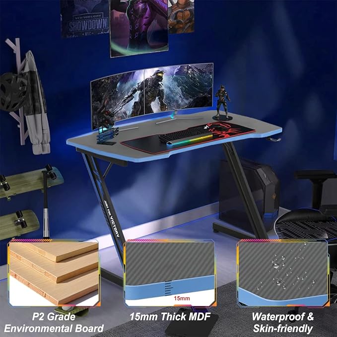 Gaming Desk 47 Inch Z-Shaped Computer Desk Modern Ergonomic PC Computer Table Home Office Desk Racing Style Gaming Workstation with Headphone Hook Blue
