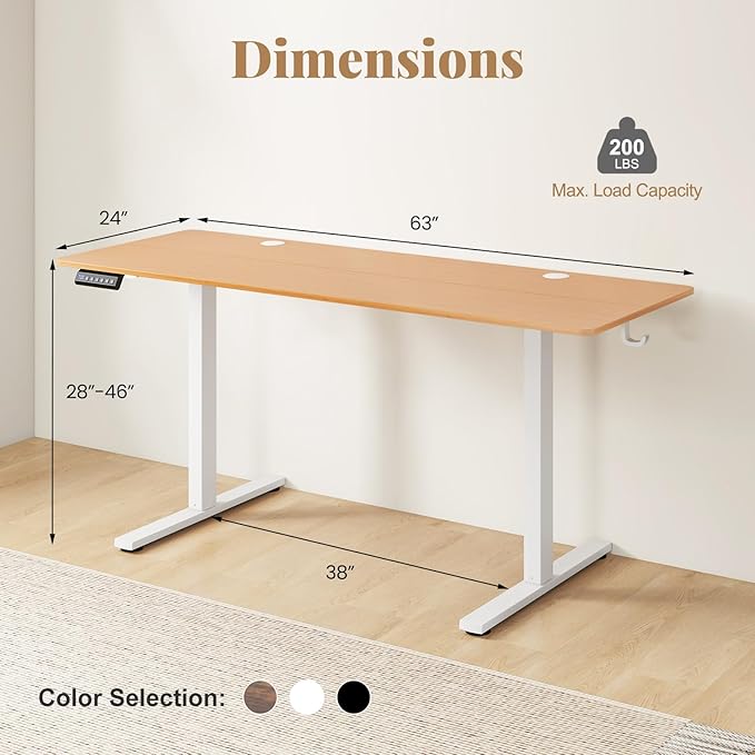 Giantex 63 x 24 Electric Standing Desk with Adjustable Height Stand up Computer Workstation with Cable Hole Hook Modern Gaming Table Ergonomic Sit Stand Desks for Home Office (Natural)