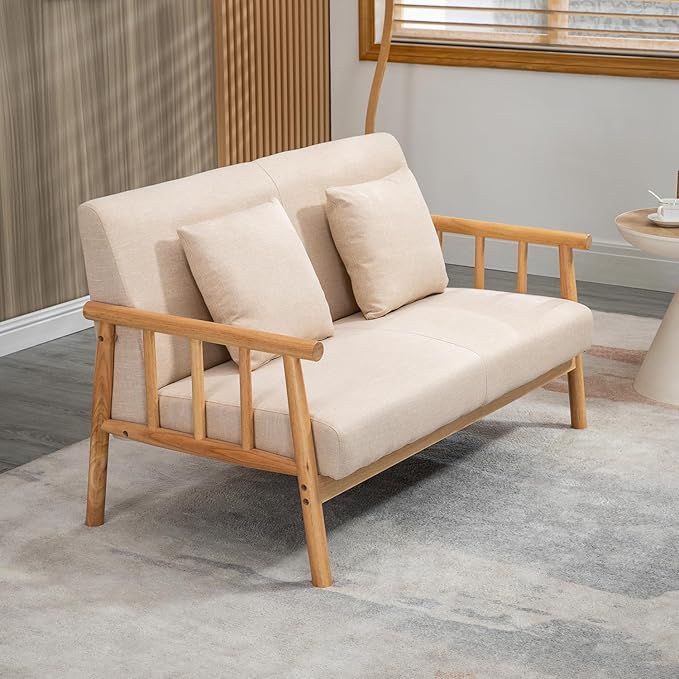 Modern Compact 48'' Loveseat with Linen Upholstery and Wood Legs Perfect for Bedroom Living Room Furniture (Beige)