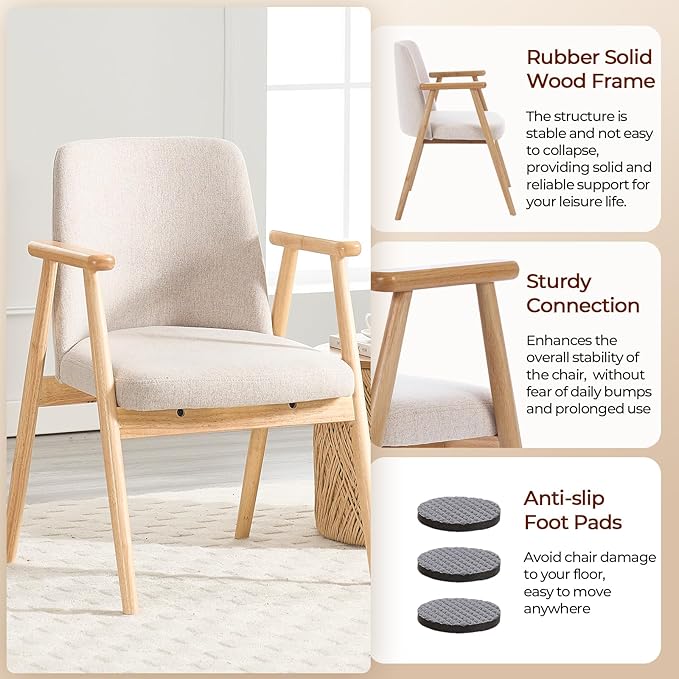 Accent Chair Mid Century Modern Armchair Comfy Reading Chair with Soft Seat &amp Solid Wood Legs for Living Room Office Bedroom Vanity (Beige)