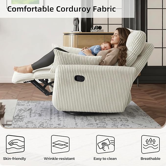 Swivel Recliner Chair for Adults Corduroy Nursery Glider Rocking Chair Armchair with 2 Pillows Comfy High Back Reclining for Small Spaces Nursery Bedroom Living Room (Corduroy Beige 1 Pack)