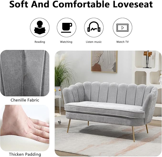 Anwick 59 Small Modern Chenille Loveseat Sofa 2-Seater Sofa with Gold Metal Legs Small Couch with Flower Shaped Back for Living Room Bedroom Office (Light Gray)
