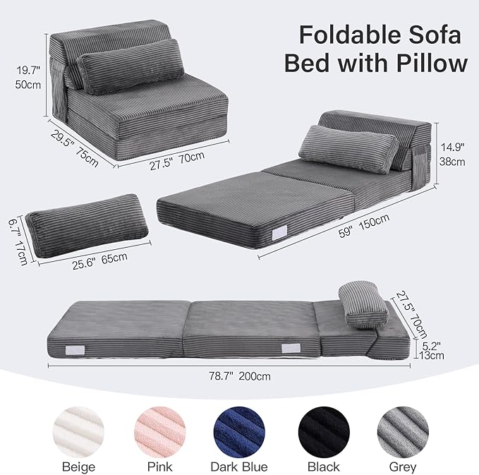 Folding Sofa Bed with Pillow Convertible Sleeper Chair Comfy Floor Futon Couch Mattress Lounge Lounge Sofa for Adults Portable Fold Out Chair Bed for Living Room Bedroom Single Gray