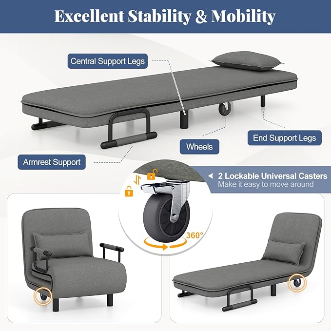Giantex Convertible Sofa Bed 3-in-1 Folding Sleeper Chair with 5-Position Adjustable Backrest Wheels 2 Legs Recliner Chaise Lounge with Pillow Armchairs for Nursery Living Room Office (Gray)