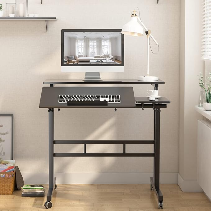 DlandHome Computer Desk Adjustable Rolling Desk Standing Desk 31.5L x 23.6W x 26.4-45.3H inch Black