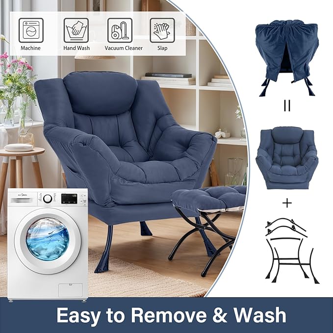 Lazy Chair with Ottoman Large Navy Accent Chair with Ottoman Comfy Reading Armchair Leisure Sofa Chair for Living Room Bedroom Dorm Room Office