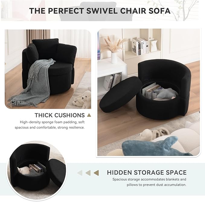 FOXHUNTER Swivel Barrel Chair 360 Degree Swivel Round Storage Chair with 3 Pillows Oversize Teddy Swivel Accent Chair Comfy Single Sofa Chair for Nursery Living Room Bedroom (Black)