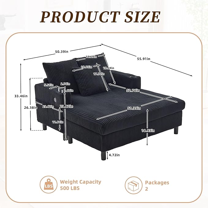 KEIKI 50 W Corduroy Oversized Recliner Single Sofa Couch with Deep Seat3 PillowsUSB ChargingCup Holder and Side Pocket