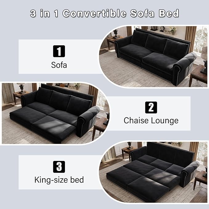 93.7 King Size Chesterfield 3-seat Pull Out Sofa Bed Velvet Couch Bed with Nailhead Trim and Rolled Arm 3-in-1 Sleeper Sofa for Living Room Apartment Office Black